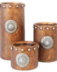 Candle Holder - Faux Hammered Copper With Concho Candle Holder Set Set of 3 , 2 Per Carton - Brown