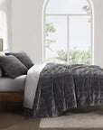 Stella - Full/Queen Faux Silk Velvet Double Box Stitch Quilt Set Set of 3 - Slate