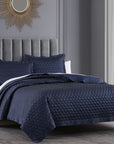 High Shine Satin - Full/Queen Quatrefoil Quilt Set Set of 3 - Navy