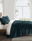 Stella - Full/Queen Faux Silk Velvet Double Box Stitch Quilt Set Set of 3 - Storm Blue
