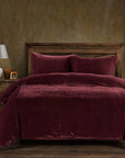Stella - King Faux Silk Velvet Duvet Cover Set Set of 3 - Garnet Red
