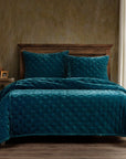 Stella - Full/Queen Faux Silk Velvet Pintuck Quilt Set Set of 3 - Teal