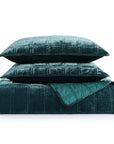 Stella - King Faux Silk Velvet Double Box Stitch Quilt Set (Set of 3) - Storm Blue