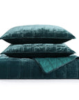 Stella - King Faux Silk Velvet Double Box Stitch Quilt Set Set of 3 - Storm Blue