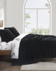 Stella - Full/Queen Faux Silk Velvet Double Box Stitch Quilt Set Set of 3 - Black