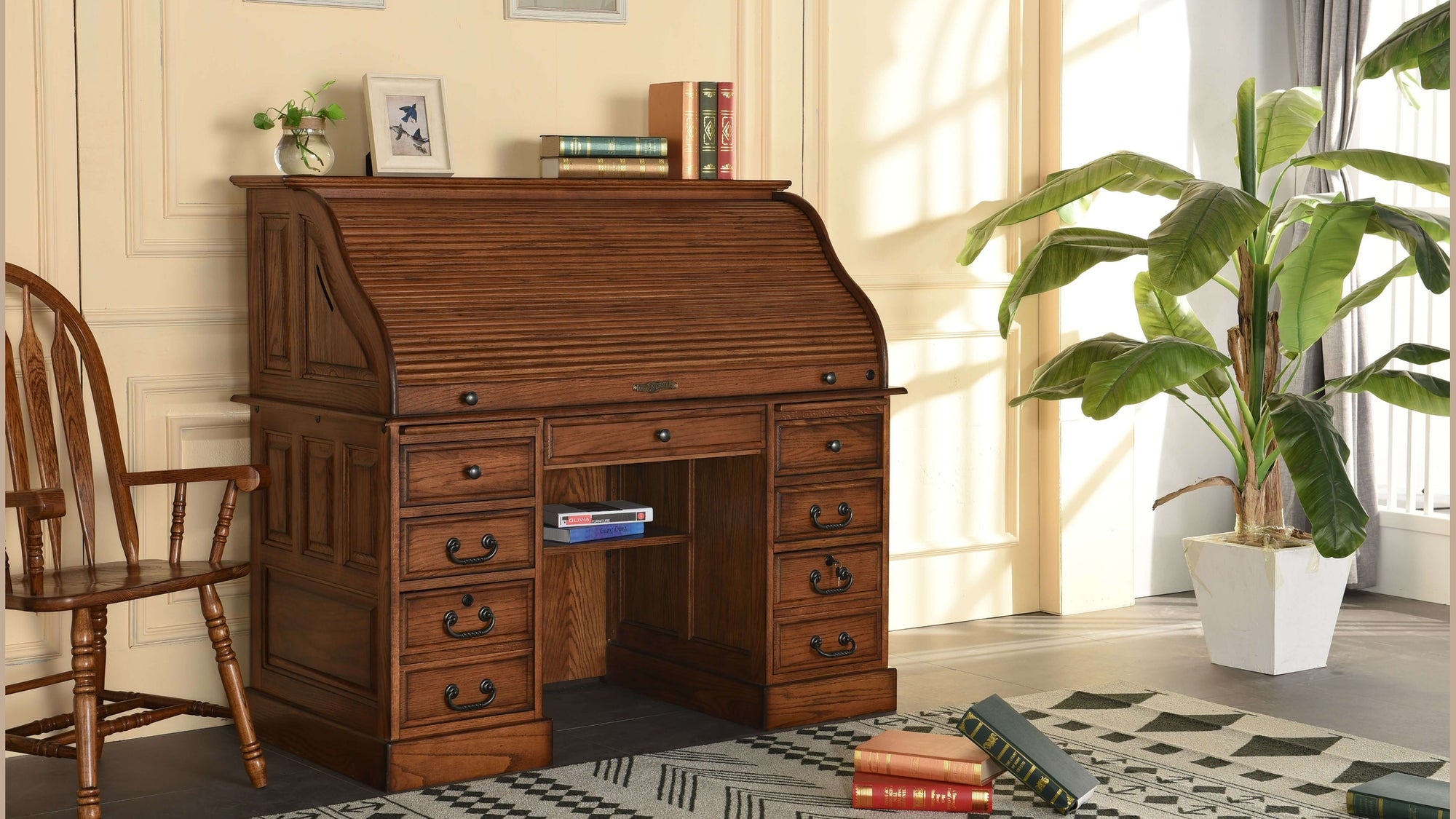 54" Deluxe Roll Top Desk w/ USB Power Outlet