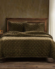Stella - Full/Queen Faux Silk Velvet Pintuck Quilt Set Set of 3 - Green Ochre