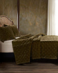 Stella - Full/Queen Faux Silk Velvet Pintuck Quilt Set (Set of 3) - Green Ochre
