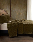 Stella - Full/Queen Faux Silk Velvet Pintuck Quilt Set Set of 3 - Green Ochre