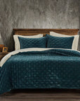 Stella - King Faux Silk Velvet Pintuck Quilt Set Set of 3 - Storm Blue