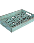 Turquoise - Wooden Decorative Scroll Carved Tray 2 Per Carton - Turquoise