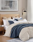 100% French Flax Linen - Queen Variegated Stripe Duvet Cover Set Set of 3 - Natural / Light Blue