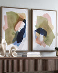Abstract Afternoon - Framed Canvases (Set of 2) - Blue / Green / Pink / White / Woodtone / Yellow