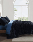 Stella - King Faux Silk Velvet Double Box Stitch Quilt Set Set of 3 - Midnight Blue