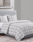Windowpane - King Plaid Duvet Cover Set Set of 3 - White