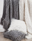 Nordic - Cable Knit & Mongolian Fur Oversized Throw Blanket - Gray