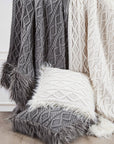 Nordic - Cable Knit & Mongolian Fur Oversized Throw Blanket - Gray