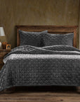 Stella - King Faux Silk Velvet Pintuck Quilt Set Set of 3 - Dark Slate