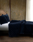 Stella - King Faux Silk Velvet Pintuck Quilt Set Set of 3 - Midnight Blue