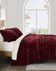 Stella - Full/Queen Faux Silk Velvet Double Box Stitch Quilt Set Set of 3 - Garnet Red
