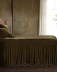 Stella - King Faux Silk Velvet Bedspread Set Set of 3 - Green Ochre