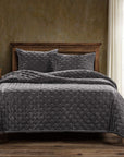Stella - Full/Queen Faux Silk Velvet Pintuck Quilt Set Set of 3 - Dark Slate