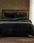 Stella - King Faux Silk Velvet Pintuck Quilt - Black