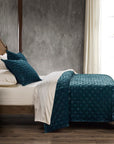 Stella - King Faux Silk Velvet Pintuck Quilt Set Set of 3 - Storm Blue