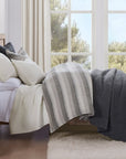 100% French Flax Linen - Queen Variegated Stripe Duvet Cover Set Set of 3 - Charcoal