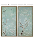 Birds And Flowers Framed Print Set of 2 - Light Blue