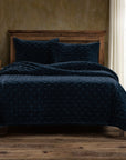 Stella - Full/Queen Faux Silk Velvet Pintuck Quilt Set (Set of 3) - Midnight Blue