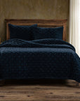 Stella - Full/Queen Faux Silk Velvet Pintuck Quilt Set Set of 3 - Midnight Blue