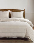 100% French Flax Linen - King Variegated Stripe Duvet Cover Set Set of 3 - Natural / Light Blue