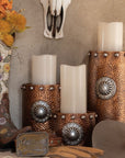 Candle Holder - Faux Hammered Copper With Concho Candle Holder Set Set of 3 , 2 Per Carton - Brown