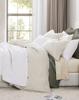 100% French Flax Linen - Queen Railroad Stripe Duvet Cover Set Set of 3 - Natural