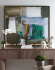 Green Fields - Framed Abstract Canvas - Black / Blue / Green / Orange / White / Yellow