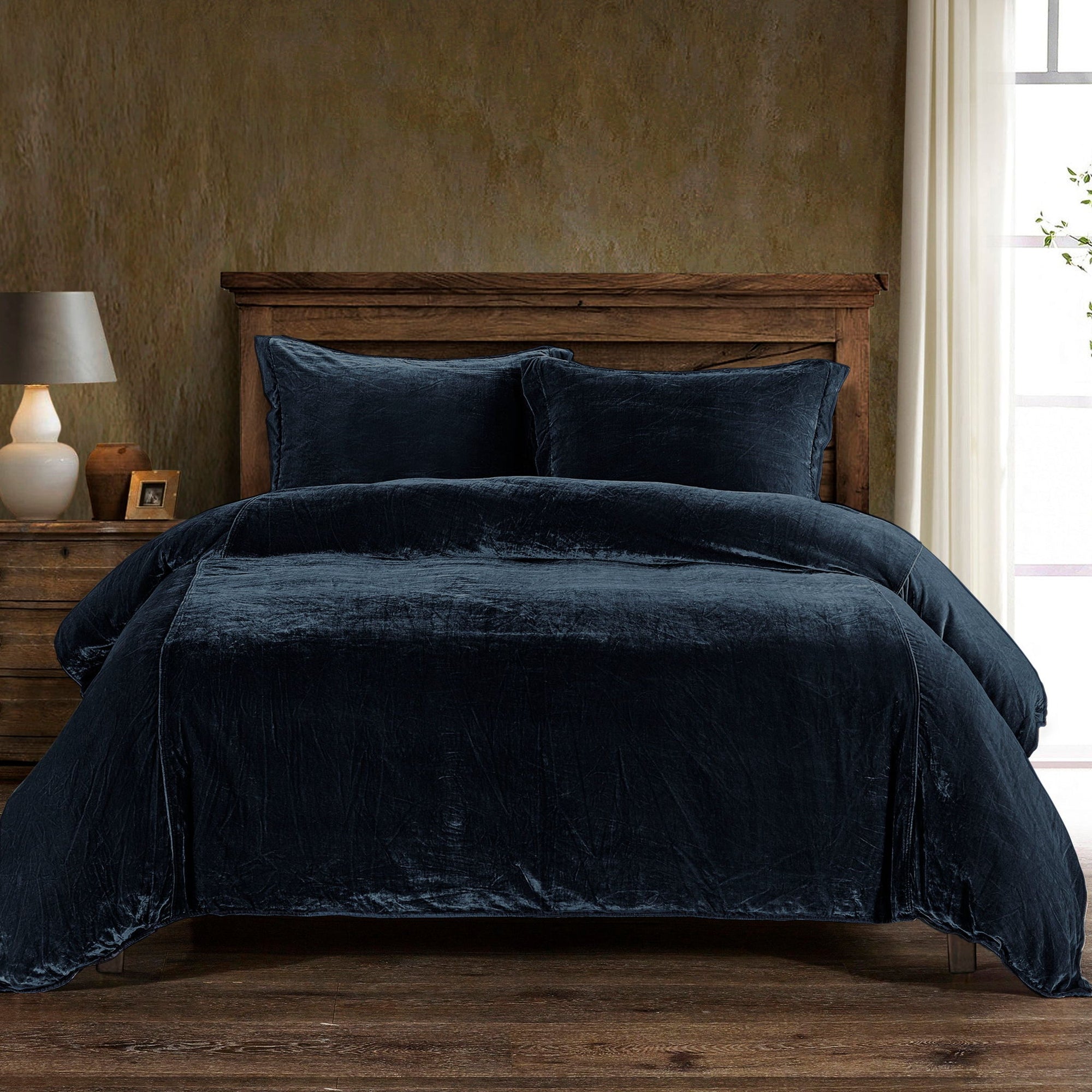 Stella - Queen Faux Silk Velvet Duvet Cover Set (Set of 3) - Midnight Blue
