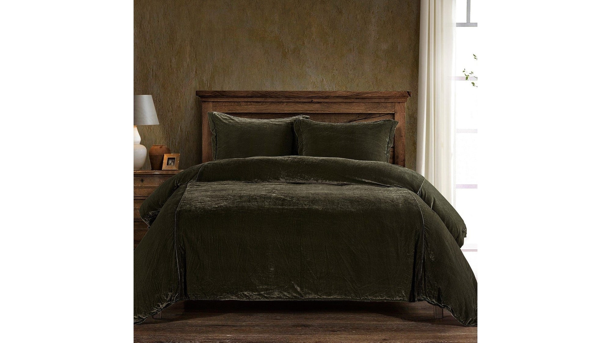 Stella - King Faux Silk Velvet Duvet Cover Set Set of 3 - Fern Green