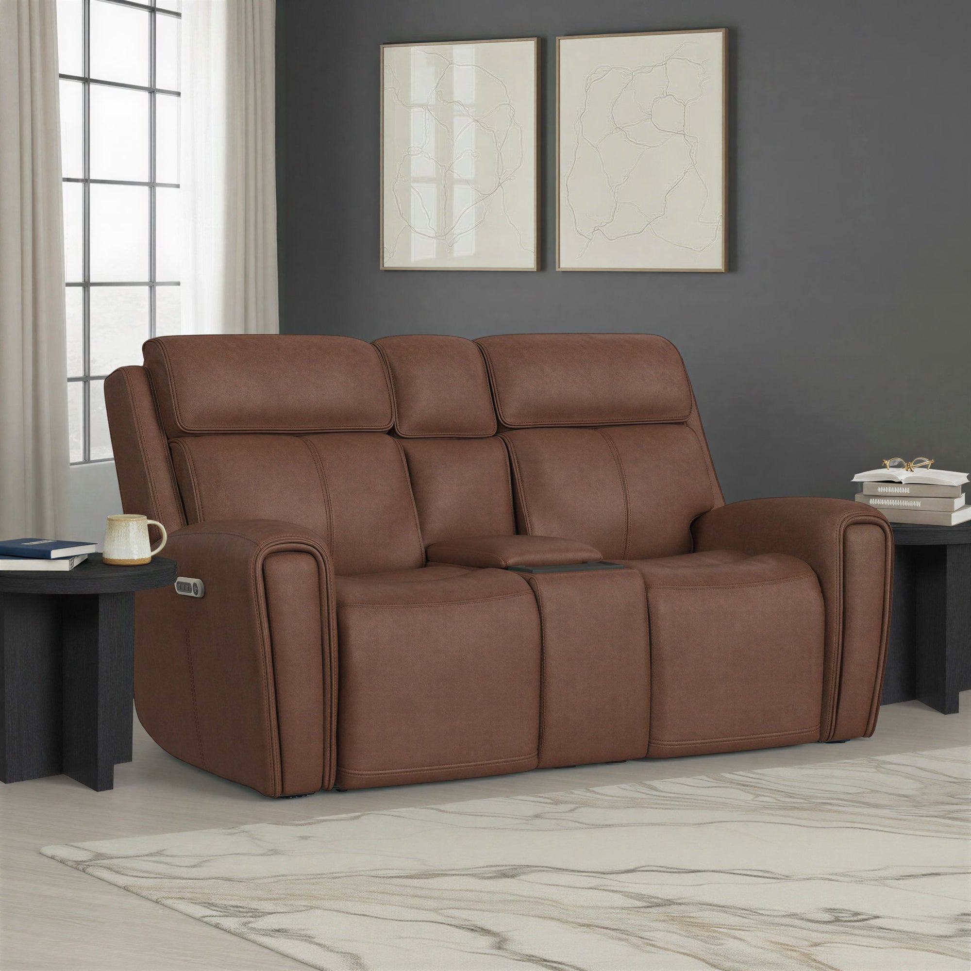 Warren - Power Reclining Loveseat With Console, Power Headrest &amp; Lumbar - Dark Brown