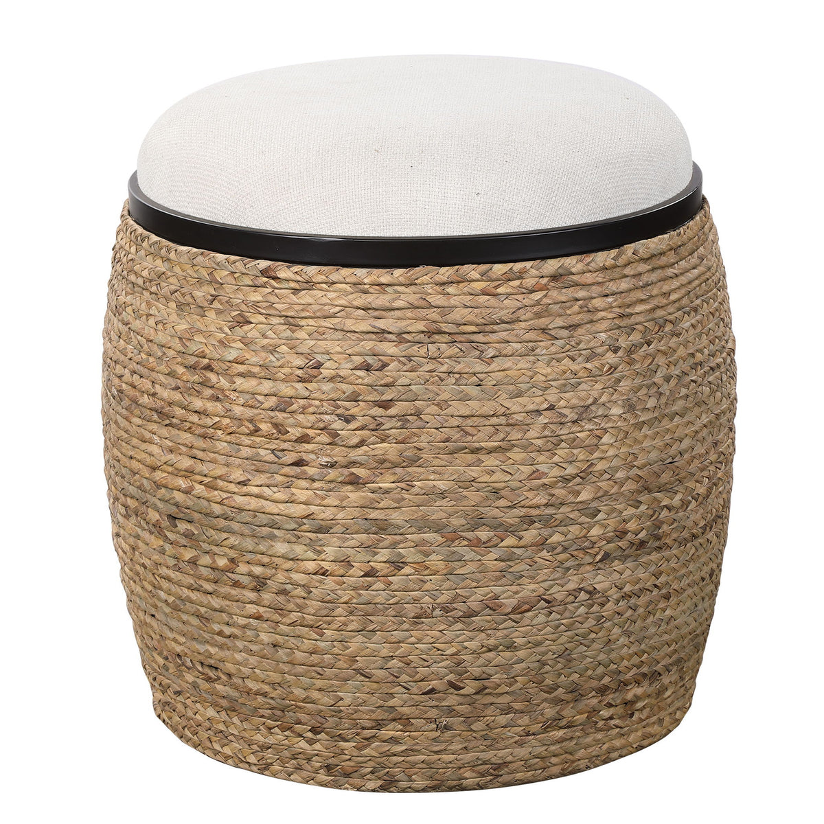 Island - Straw Accent Stool - White &amp; Light Brown