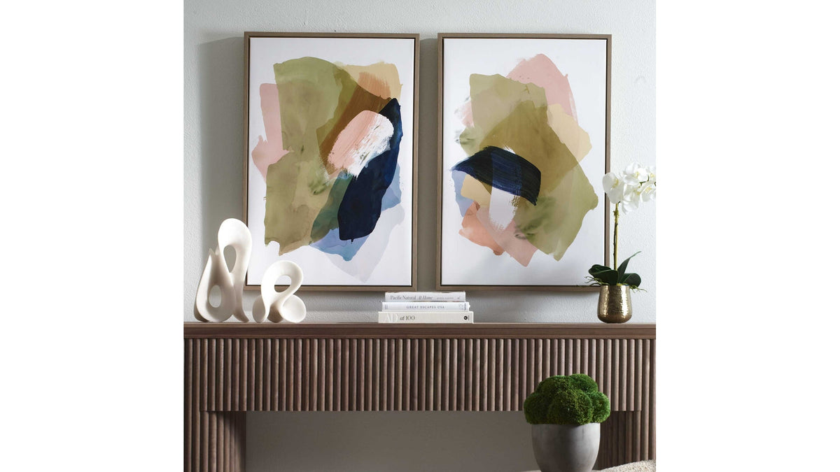 Abstract Afternoon - Framed Canvases (Set of 2) - Blue / Green / Pink / White / Woodtone / Yellow
