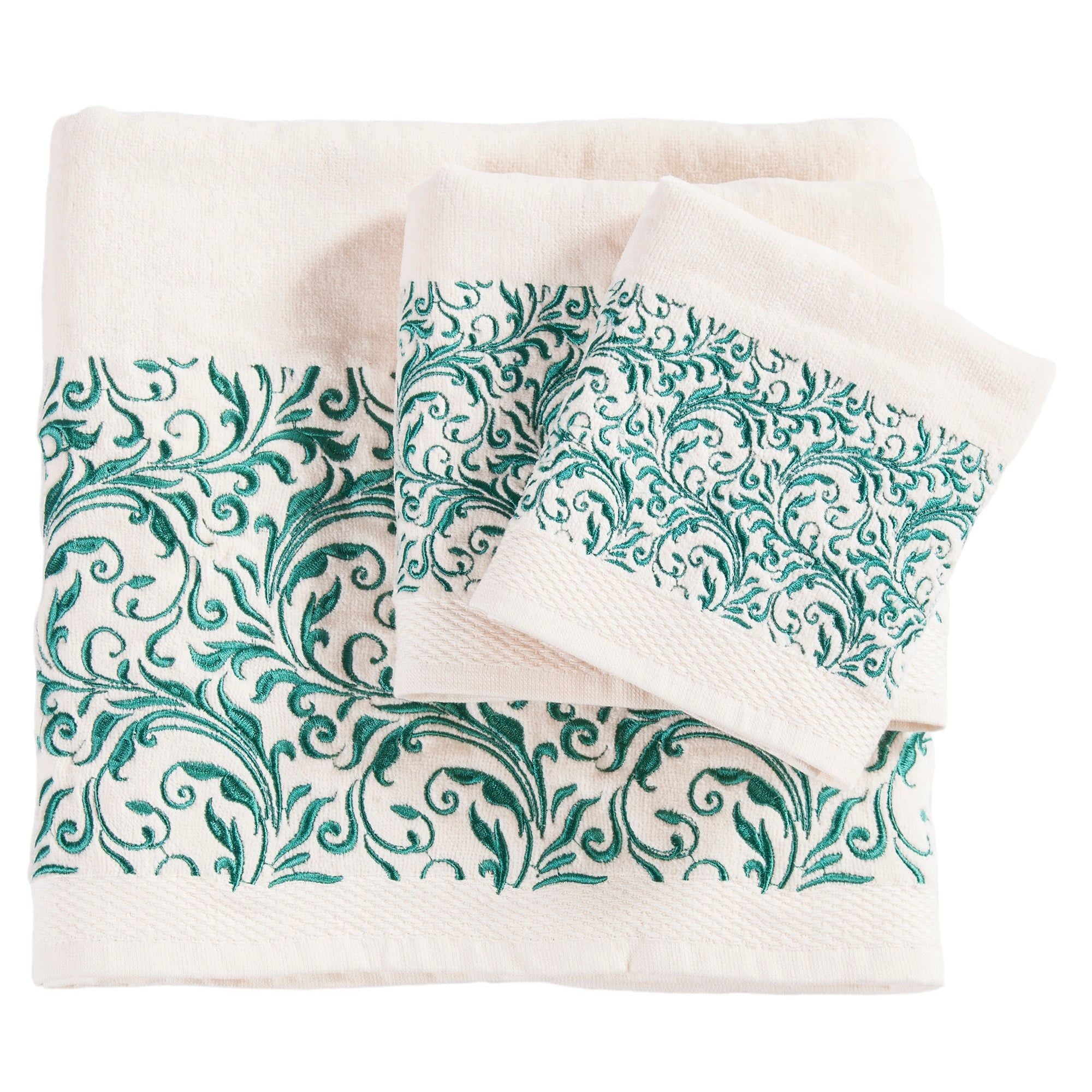 Wyatt - Embroidered Scroll Pattern Towel Set (Set of 3), 2 Per Carton - Cream / Turquoise