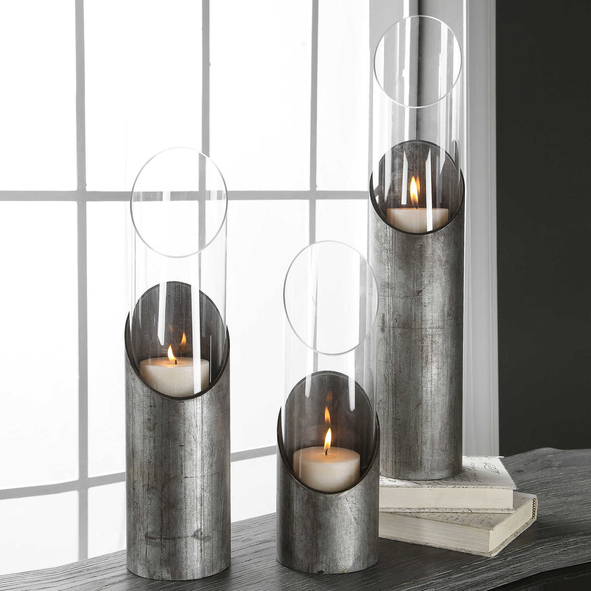 Karter - Iron &amp; Glass Candleholders (Set of 3) - Silver &amp; Dark Gray