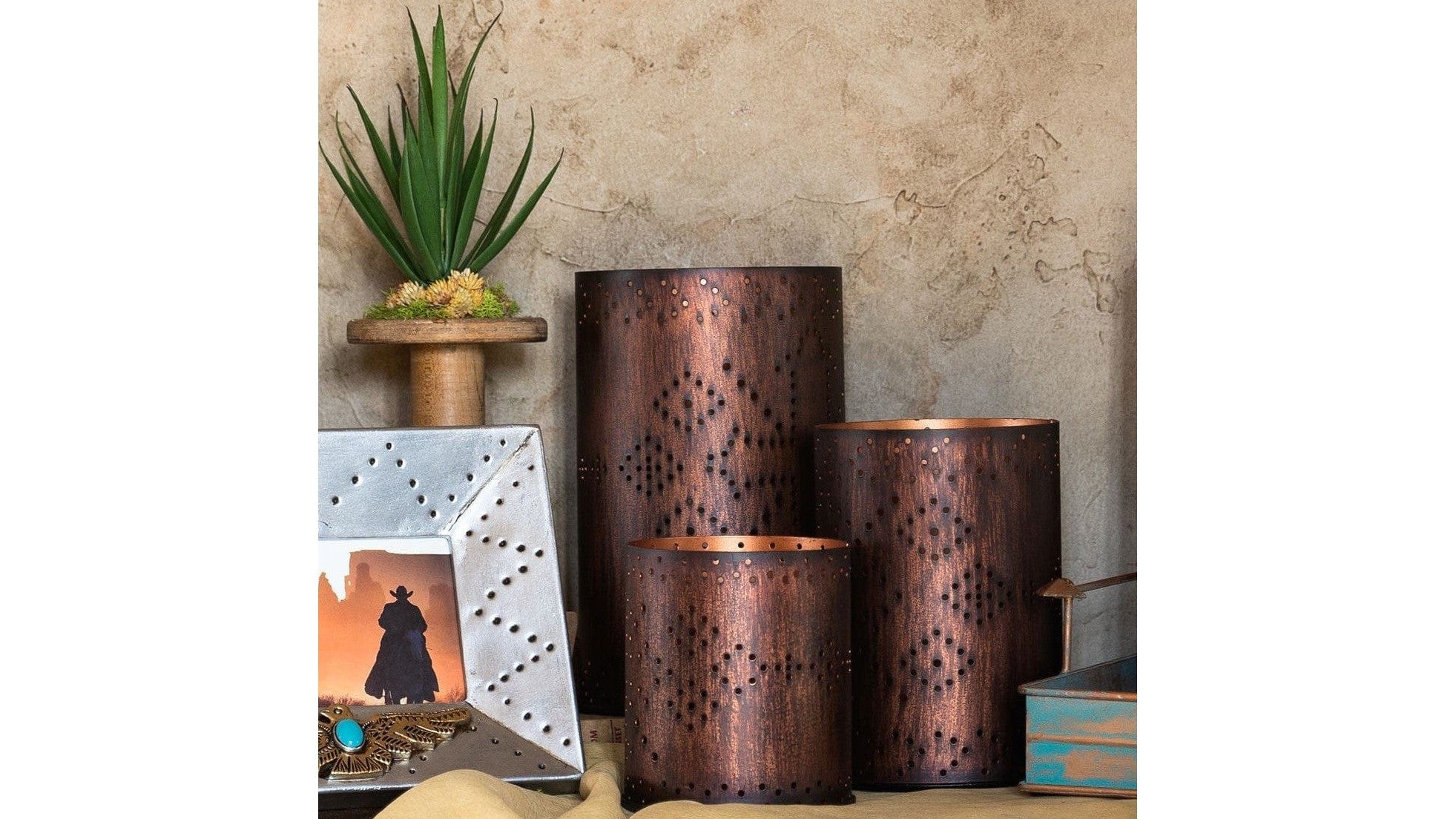 Saguaro Cactus - Cross Distressed Metal Cylinder Pillar Candle Holder Set Set of 3 , 2 Per Carton - Dark Brown