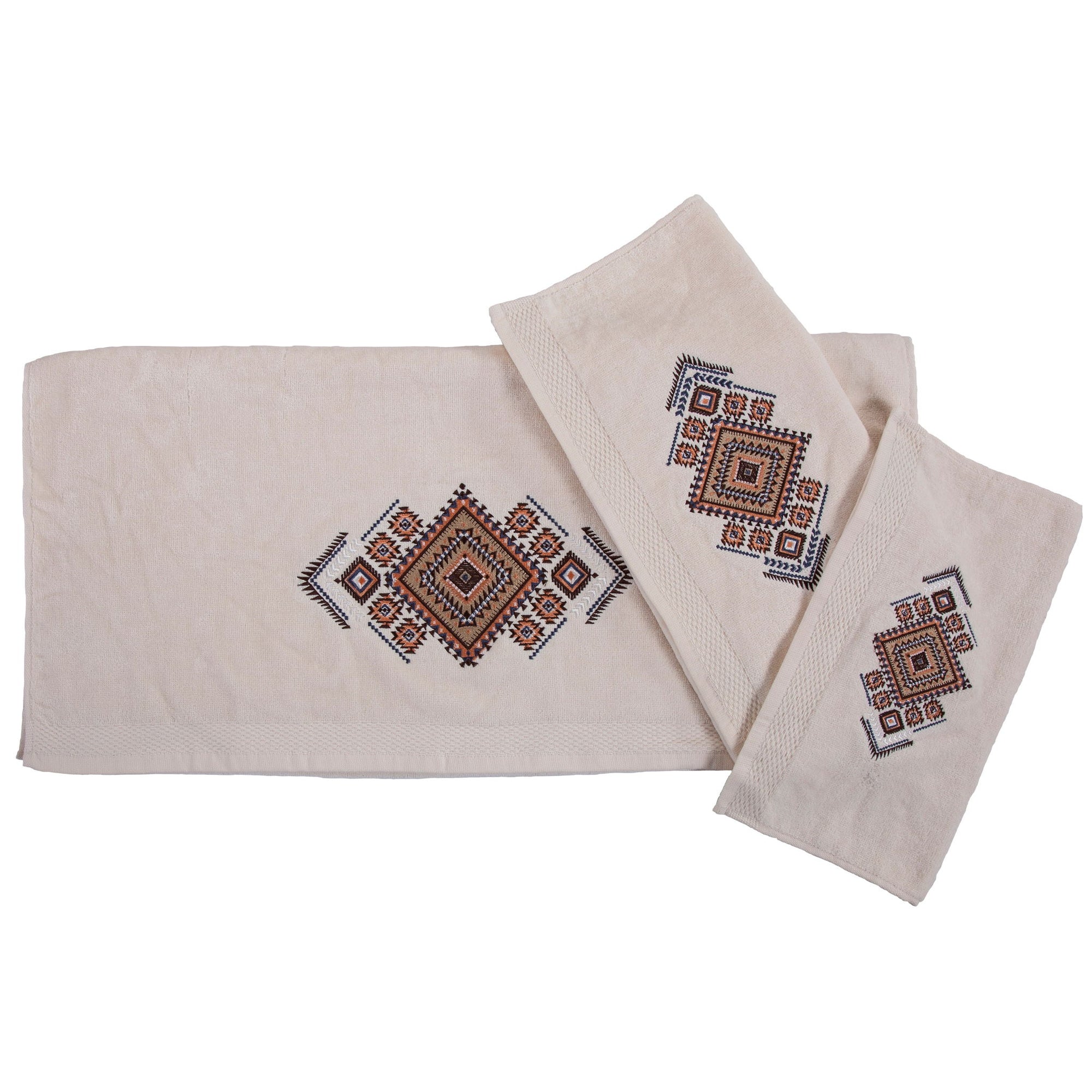 Sedona - Embroidered Aztec Towel Set (Set of 3), 2 Per Carton - Cream