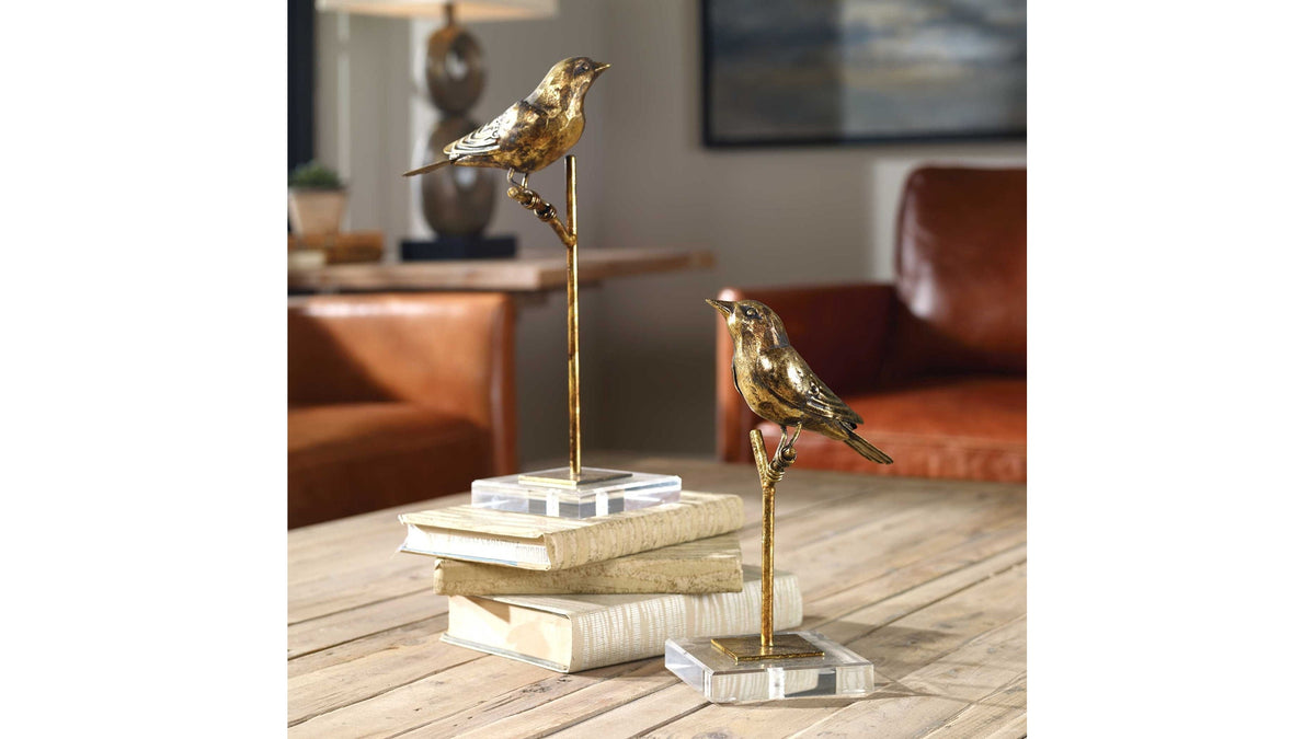 Passerines - Bird Sculptures Set of 2 - Light Brown