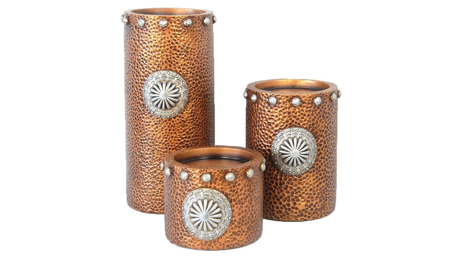 Candle Holder - Faux Hammered Copper With Concho Candle Holder Set Set of 3 , 2 Per Carton - Brown