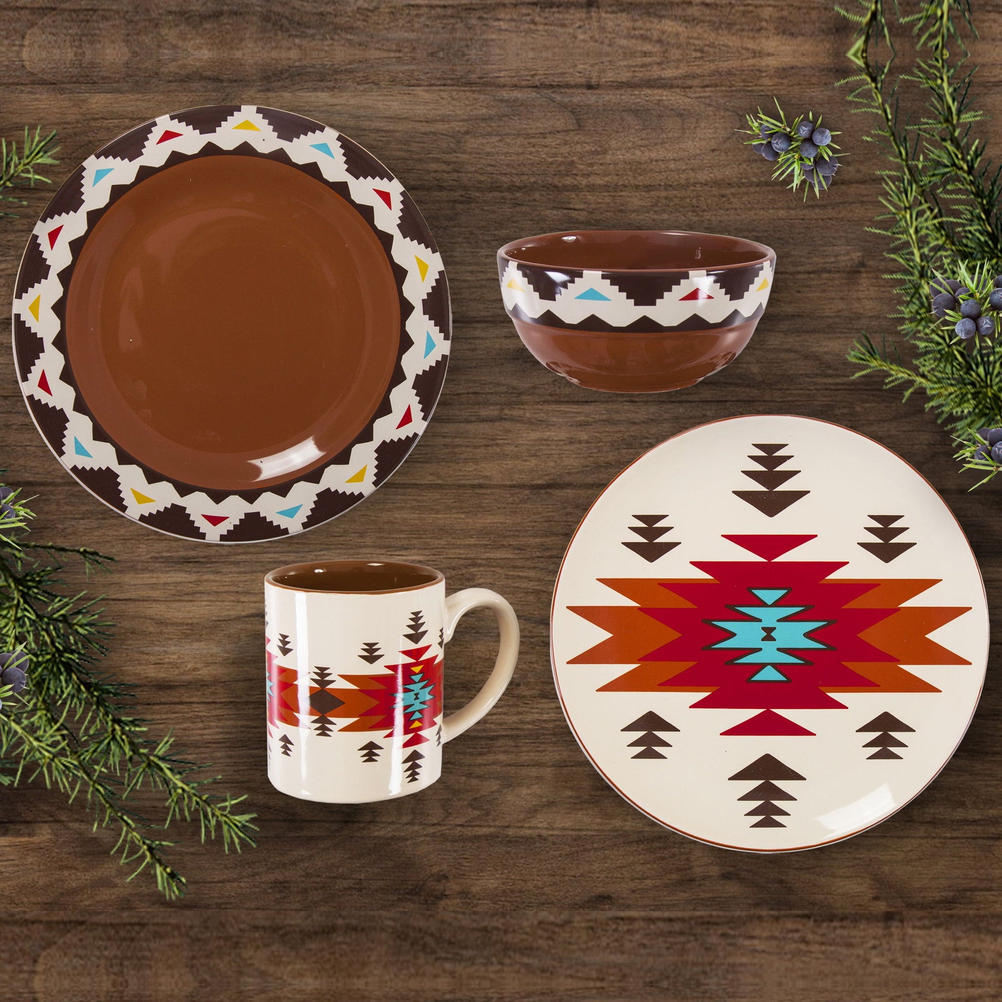 Del Sol - Aztec Ceramic Dinnerware Set (Set of 16) - Red / Brown