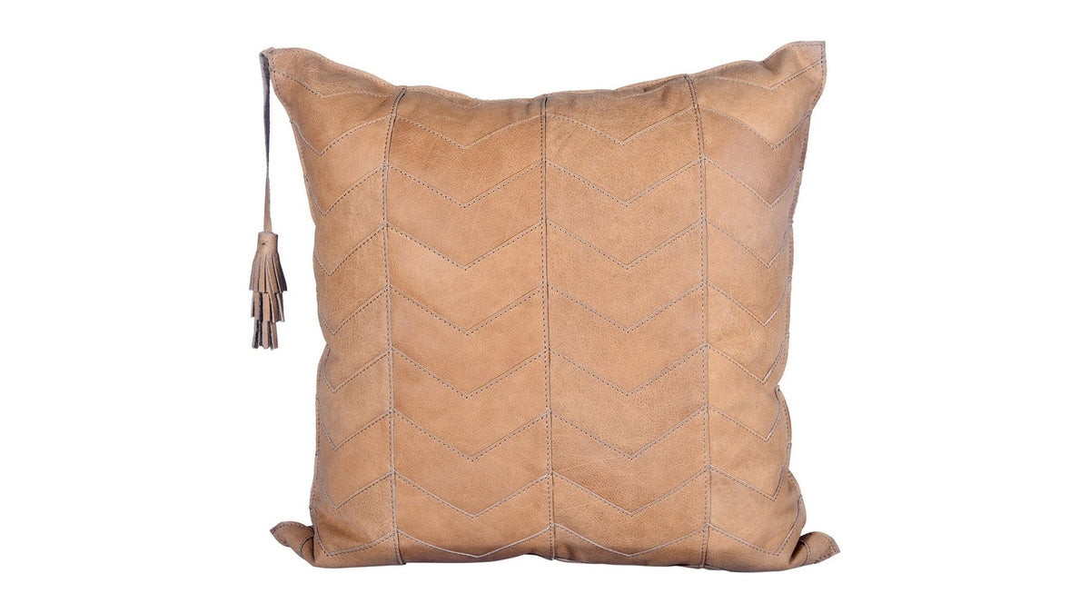 Genuine Leather - Chevron Tasseled Throw Pillow - Tan