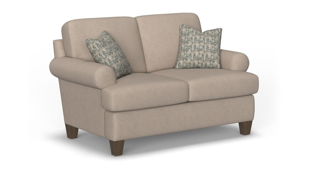Moxy - Fabric Loveseat, T-Shaped Seat Cushion, Curved Sock Arms